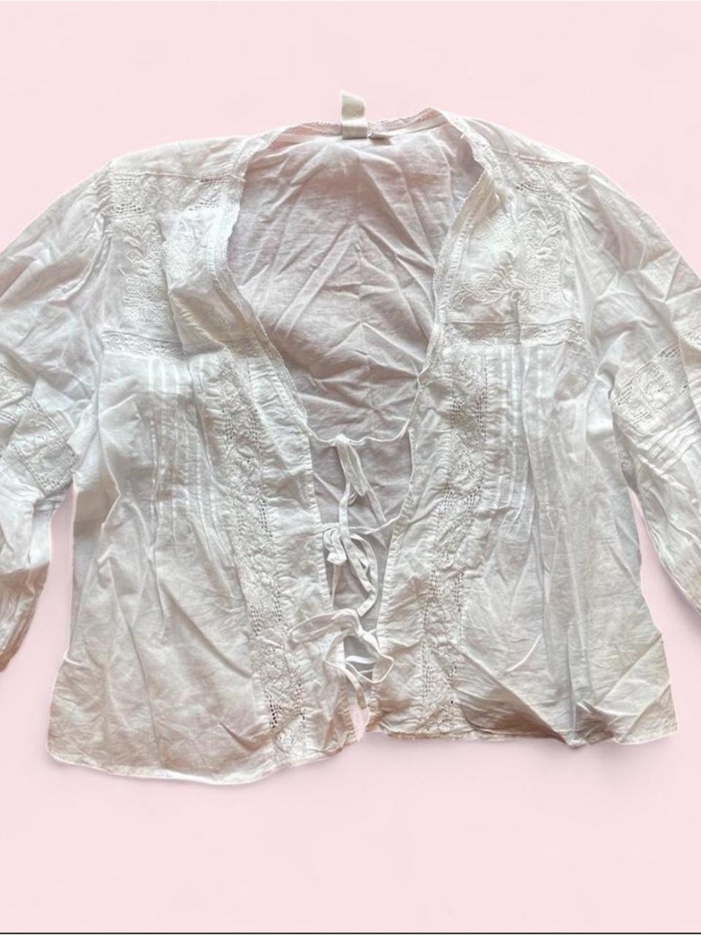 Joie Boho Cottagecore Coquette White Embroidered Tie-Front Cotton Blouse Size S - Picture 4 of 7
